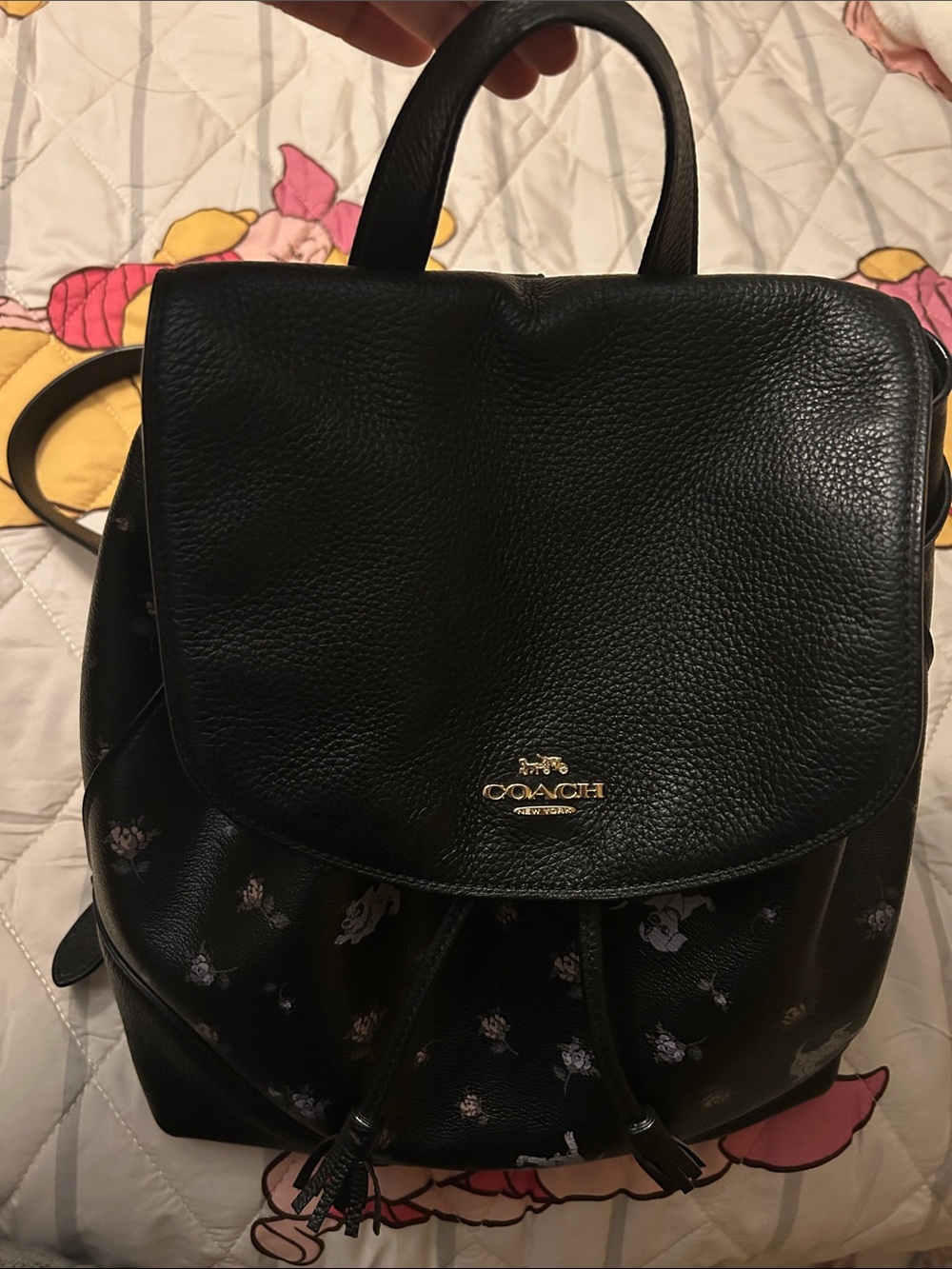 101 Dalmatian Coach Black Leather Backpack with Lavender & Floral Print - Picture 3 of 16